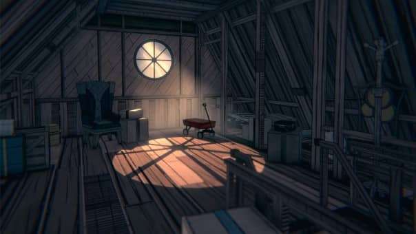 Blue Prince review showcasing the atmospheric attic room filled with mystery and engaging puzzles.