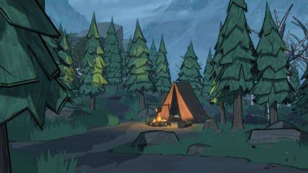 Blue Prince review showcasing the small tent campsite on the grounds, emphasizing exploration and strategy.