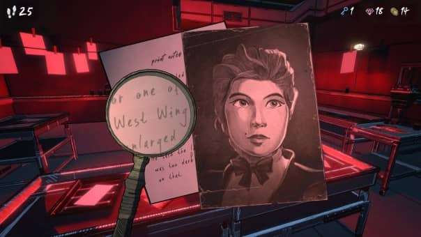 Blue Prince review showcasing the use of a magnifying glass to examine a photo of a woman for puzzle-solving.