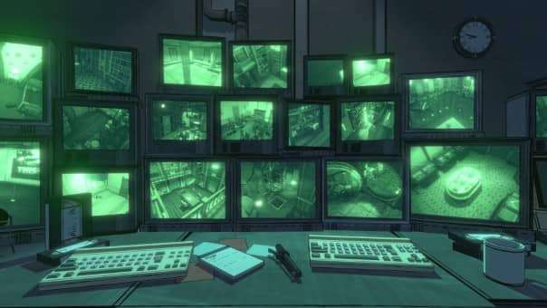Blue Prince review featuring the security room screens, showcasing an engaging puzzle and exploration element.