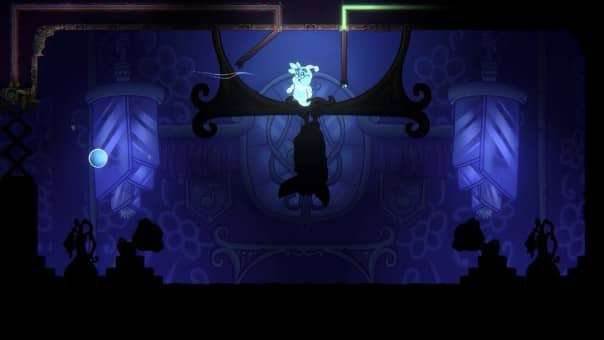 Bubble Ghost Remake review dark level scene with the main character wearing a smug expression, navigating eerie obstacles in a haunting atmosphere.