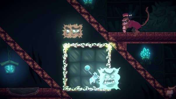 Bubble Ghost Remake review puzzle screenshot featuring a monkey and a cube, presenting a tricky spatial challenge with engaging mechanics.