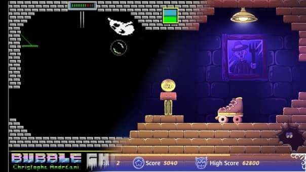 Bubble Ghost Remake review level blending nostalgic pixel art with modern lighting effects, creating a unique visual experience for players.