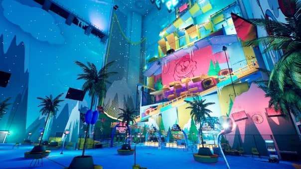 Finding Frankie review – eerie lobby of a new area, showcasing atmospheric lighting, detailed design, and tense exploration.