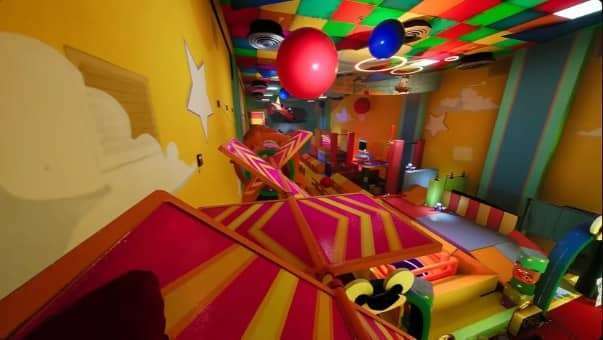 Finding Frankie review – colorful soft play-inspired section, blending eerie amusement park design with playful obstacle elements.
