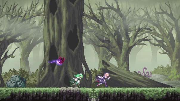 Enemy exploding into coins in the woods in Gal Guardians: Servants of the Dark Review, highlighting combat, rewards, and atmospheric pixel art.