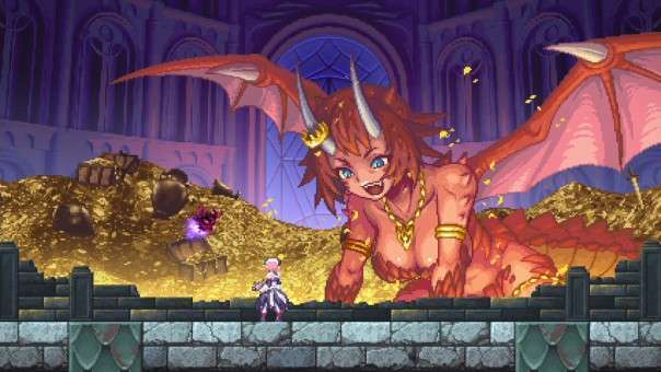 The heroines meet a huge devil girl in Gal Guardians: Servants of the Dark Review, showcasing intense encounters, gothic design, and enemy interactions.