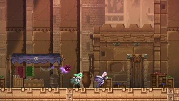 The heroines in the market in Gal Guardians: Servants of the Dark Review, showcasing exploration, environment design, and character interactions.