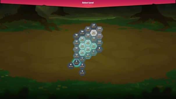 Level select screen in Hegzis, showcasing options and hex-grid themes for the Hegzis review.