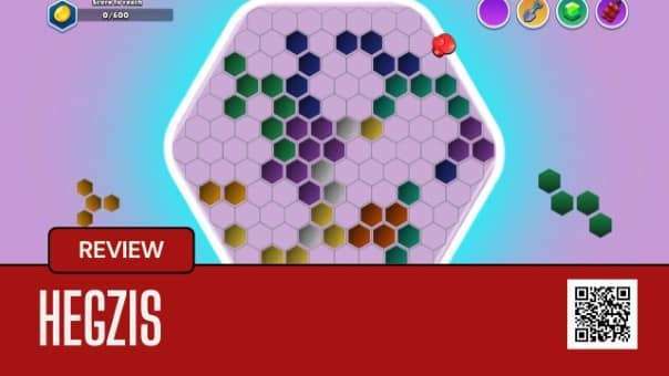 Main gameplay screen of Hegzis, showing colorful hex-grid puzzle challenges for the Hegzis review.