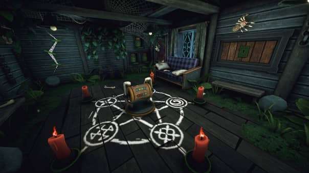 A mysterious puzzle room in Is This Game Trying to Kill Me? Review, filled with cryptic clues and interactive challenges.