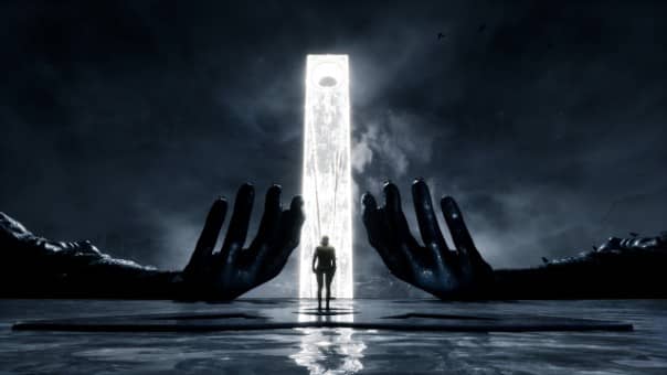 Karma: The Dark World Review image of a lone figure standing in a surreal realm, flanked by towering hand statues, evoking mystery and unease.