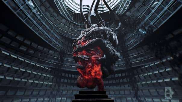 Karma: The Dark World Review image of a pulsating heart-like organism, radiating an eerie glow and exuding a mysterious, unsettling presence.