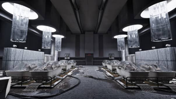 Karma: The Dark World Review image of a dimly lit room filled with test subjects in their final stages, some surviving while others succumb.