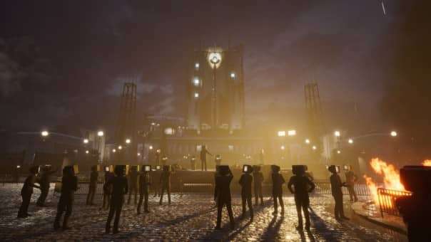 Karma: The Dark World Review image of eerie figures with TV heads in a dystopian city center, symbolizing control and psychological manipulation.