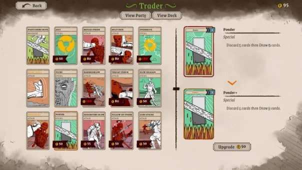 Knights in Tight Spaces Review - The card deck screen, showcasing discarded cards and strategic deck-building choices.