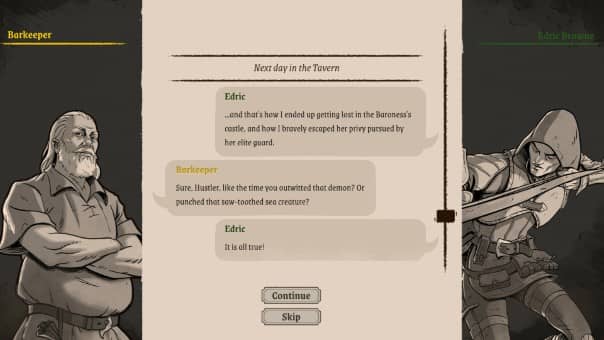 Knights in Tight Spaces Review - A dramatic in-game cutscene unfolding key story elements with stylish visuals.