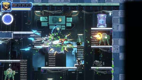 Metal Suits Review – A fast-paced level packed with platforms and enemies, showcasing intense combat and dynamic run-and-gun action.