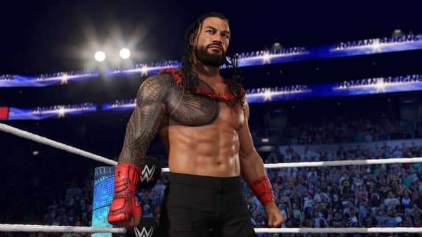 Roman Reigns in WWE 2K25 Bloodline Edition review, showcasing his dominant presence, high-quality character model, and intense in-ring action.