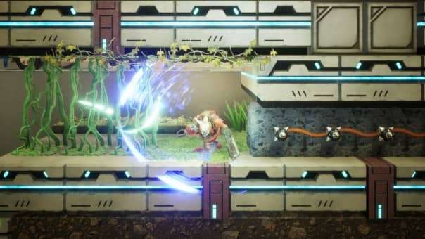 Rusty Rabbit review image of Stamp slicing through thick vines with his sword, clearing a path in the immersive game world.
