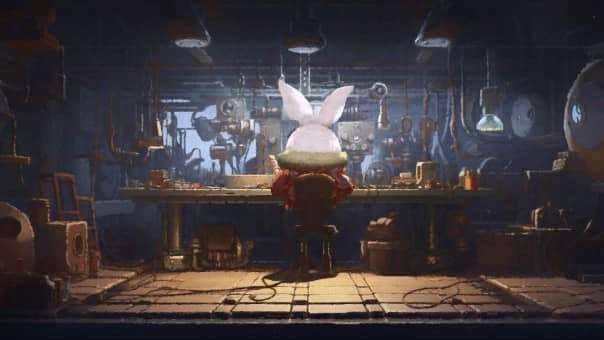 Rusty Rabbit review cutscene showing Stamp at his desk, deep in thought, within the game's immersive world.