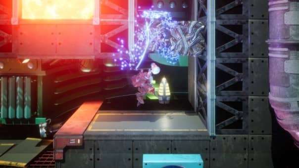 Rusty Rabbit review image of Stamp using his drill attachment to break blocks above, clearing obstacles in his path.