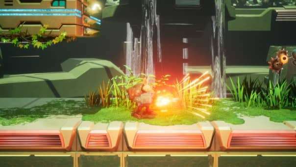 Rusty Rabbit review image of Stamp firing his shotgun attachment, unleashing a powerful blast during intense combat