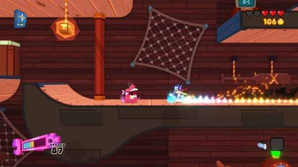 Seafrog Review – A fast-paced moment as Copilot glides toward a rat enemy, showcasing fluid movement in this skateboarding platformer.