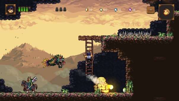 Shadow of the Orient Review – A daring escape as the protagonist climbs a ladder, evading enemies in this thrilling action-platformer.