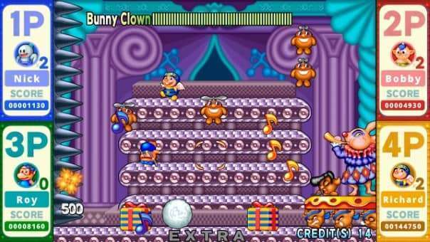 Snow Bros. 2 Special Review – Bunny Clown boss fight featuring dynamic attacks and colorful retro-inspired visuals.