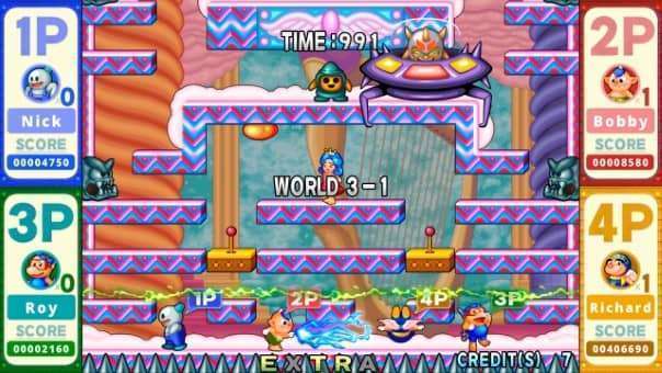 Snow Bros. 2 Special Review – Level 3-1 gameplay showcasing platforming action and fast-paced enemy encounters.