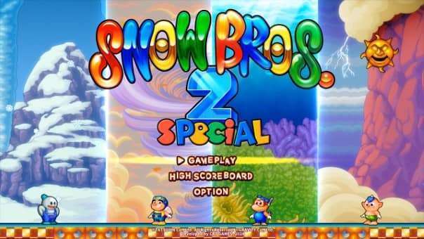 Snow Bros. 2 Special Review – Title screen showcasing the game’s retro-inspired design and vibrant arcade aesthetic.