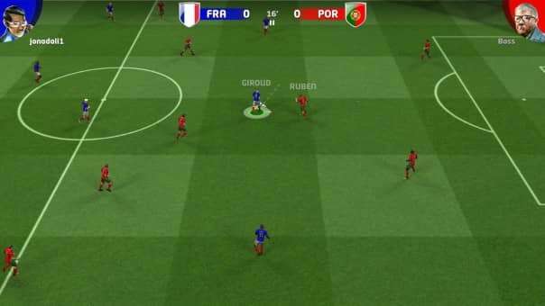 Sociable Soccer 25 Review - A dynamic in-game screenshot showcasing fast-paced football action and strategic gameplay.