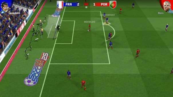 Sociable Soccer 25 Review - Intense football action in the six-yard box, showcasing fast-paced gameplay and scoring opportunities.