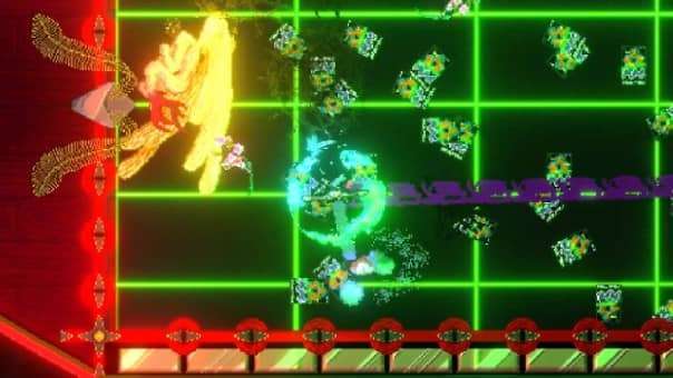 SONOKUNI Review – A striking neon-lit room filled with vivid pixel-art visuals, dynamic lighting effects, and atmospheric cyberpunk-style action.