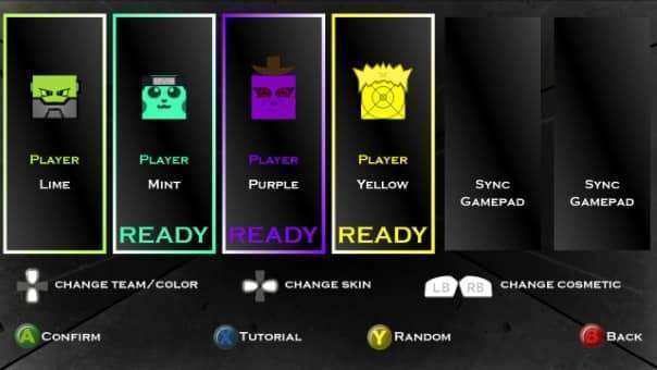 Character select screen in Squarena Review, showcasing customizable avatars, team options, and cosmetics for an immersive gaming experience.