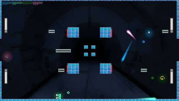 Multiplayer match in Squarena Review with players shooting around massive blocks, showcasing strategic gameplay and dynamic action.