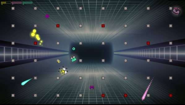Multiplayer match in Squarena Review featuring fast-paced action and dotted visuals representing interactive elements on the arena.