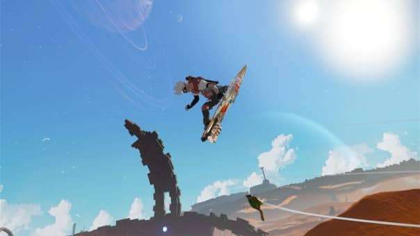 Star Overdrive Review Nintendo Switch OLED – A thrilling mid-air trick sequence showcasing hoverboard stunts and dynamic movement.