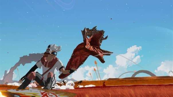 Star Overdrive Review Nintendo Switch OLED – A dramatic battle against a towering giant sandworm, showcasing intense combat and environmental scale.