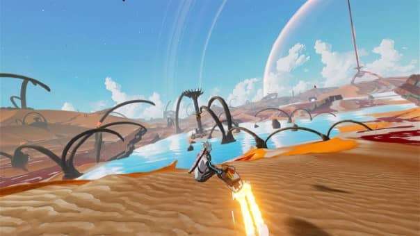 Star Overdrive Review Nintendo Switch OLED – Hoverboard surfing across vast sand dunes, showcasing speed, tricks, and dynamic terrain traversal.