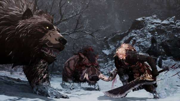 The First Berserker: Khazan Review image depicting an AI companion bravely facing down a bear and a boar in a thrilling RPG battle.