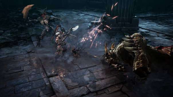 The First Berserker: Khazan Review image showing an AI companion battling a group of enemies, highlighting strategic RPG combat.