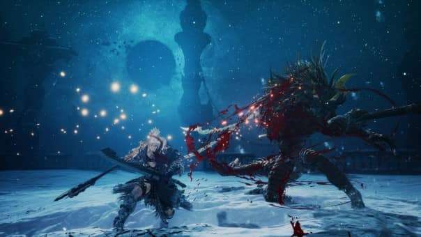 The First Berserker: Khazan Review image depicting an intense boss battle in a snowy landscape, highlighting RPG combat and strategy.