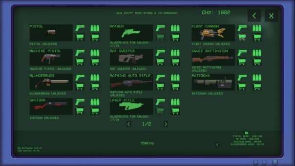 Gun select screen from the War Rats: The Rat em Up review showcasing weapon choices and customization options.