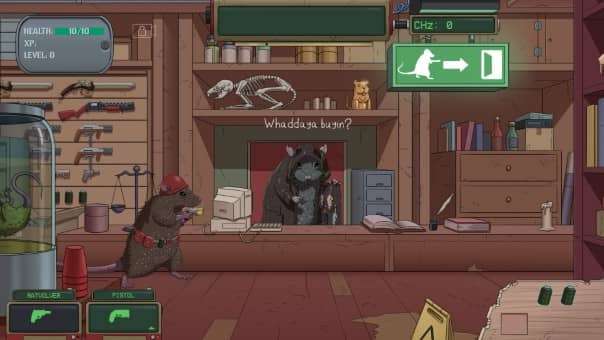 Gun shop interface from the War Rats: The Rat em Up review showcasing weapon purchase and upgrade options.