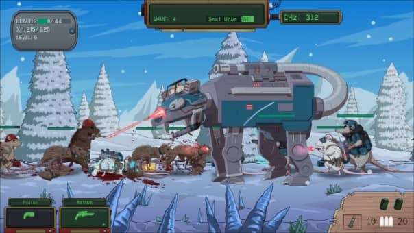 Vast snow level with a towering machine from the War Rats: The Rat em Up review, showcasing a cinematic and intense gameplay scene.