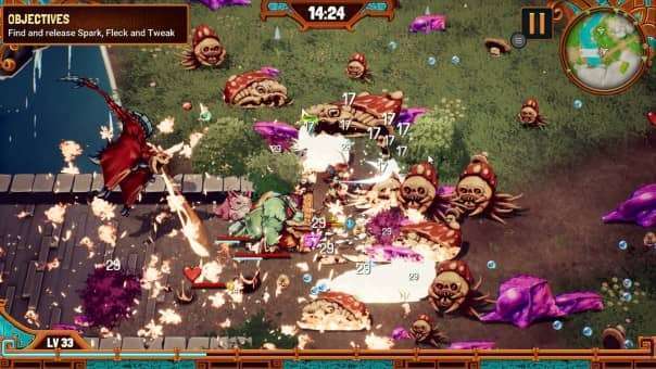 Wildkeepers Rising Review – Chaotic bridge battle with waves of enemies, showcasing intense combat, strategic movement, and high-action gameplay.