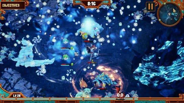 Wildkeepers Rising Review – Intense battle in a snowy biome, featuring powerful enemies, dynamic combat, and strategic action-packed gameplay.
