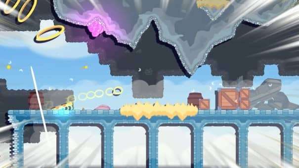Leaping over flames in the Aureole Wings of Hope review, showcasing precise platforming and intense action.
